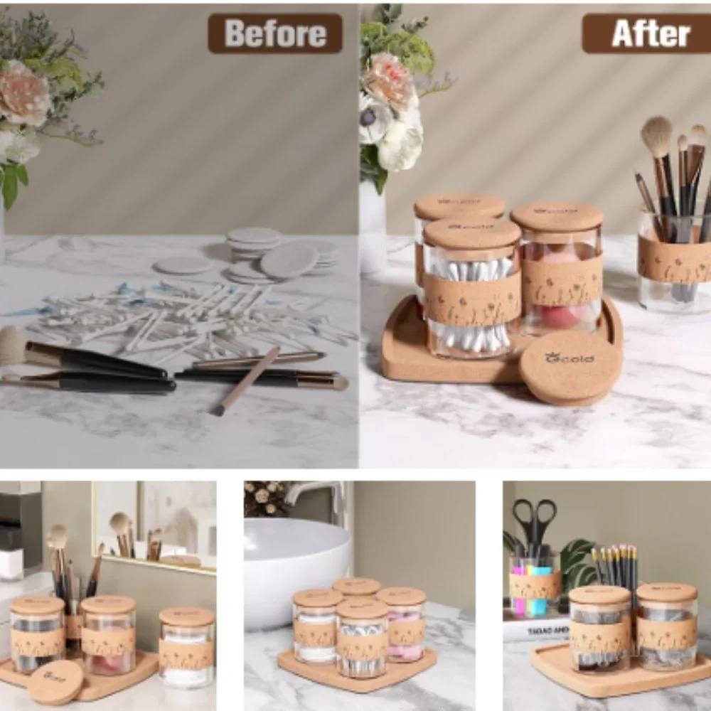 4 pk - Q-Tip Holders w/ Lids & Tray - Apotheracary Jars - Cotton Ball Canisters